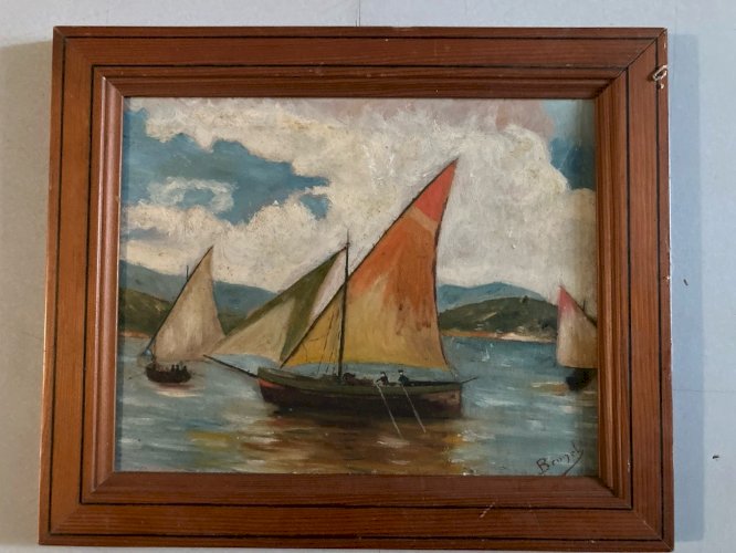 Peinture 1940 Huile sur carton Mer bateau Bretagne ? Signé Brugel Art