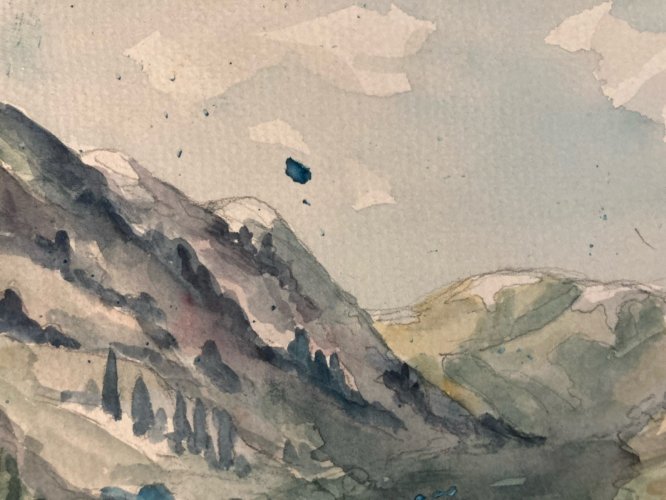 Peinture 1940 Papier Gouache Aquarelle Montagne Vallée À Identifier Paysage Art