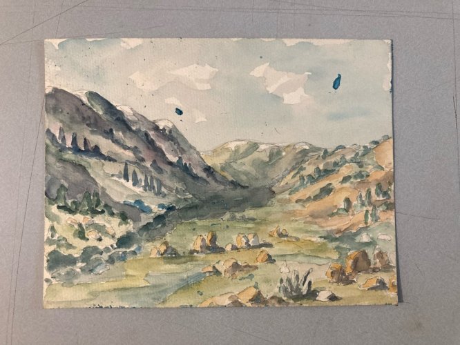 Peinture 1940 Papier Gouache Aquarelle Montagne Vallée À Identifier Paysage Art