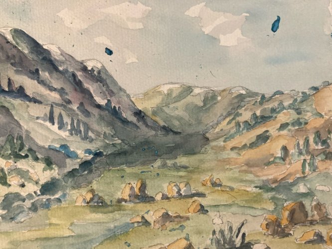Peinture 1940 Papier Gouache Aquarelle Montagne Vallée À Identifier Paysage Art