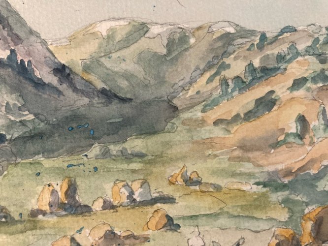 Peinture 1940 Papier Gouache Aquarelle Montagne Vallée À Identifier Paysage Art