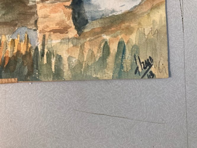 Peinture 1940 Papier Gouache Aquarelle Village Pont À Identifier Paysage Art