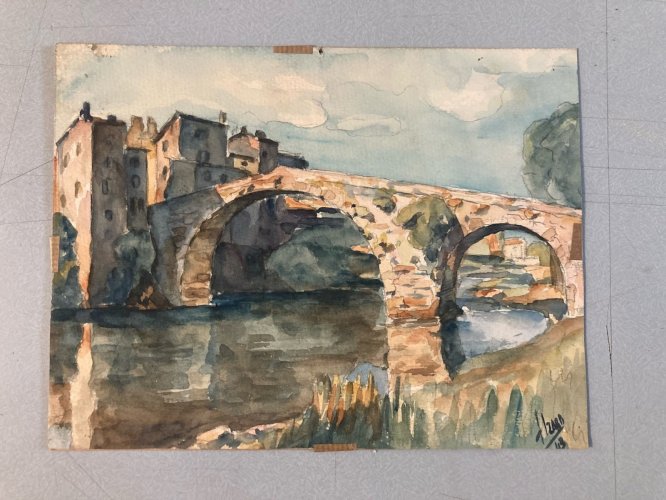 Peinture 1940 Papier Gouache Aquarelle Village Pont À Identifier Paysage Art
