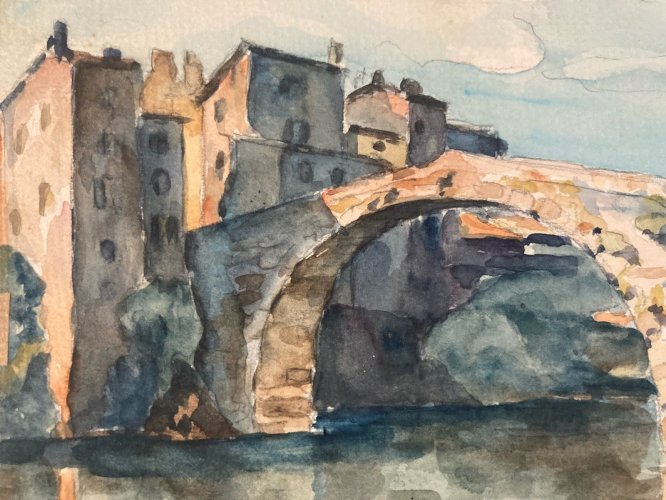 Peinture 1940 Papier Gouache Aquarelle Village Pont À Identifier Paysage Art