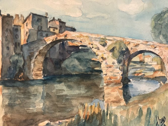 Peinture 1940 Papier Gouache Aquarelle Village Pont À Identifier Paysage Art
