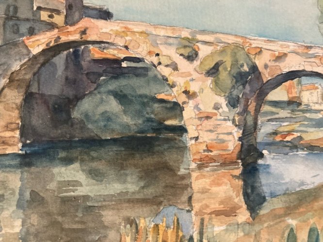 Peinture 1940 Papier Gouache Aquarelle Village Pont À Identifier Paysage Art