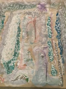 Painting 1950 Watercolor Gouache Paper Landscape Garden Winter To Identify