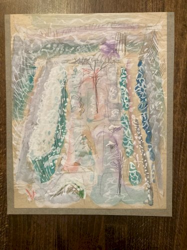Peinture 1950 Aquarelle gouache Papier Paysage Jardin Hiver A Identifier