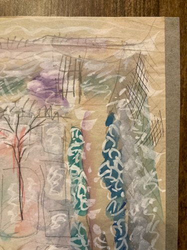 Peinture 1950 Aquarelle gouache Papier Paysage Jardin Hiver A Identifier