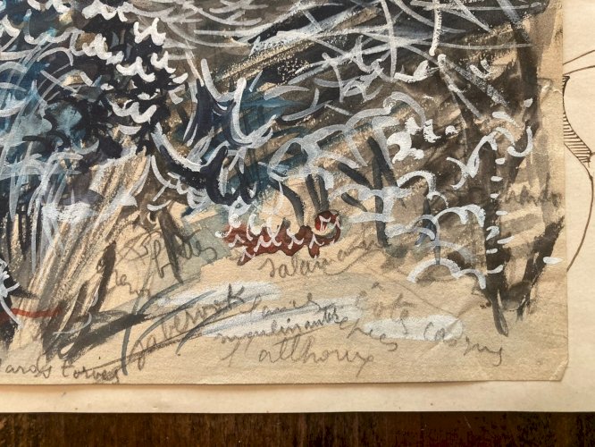 Peinture 1950 Aquarelle gouache Papier Paysage Jardin Plante A Identifier