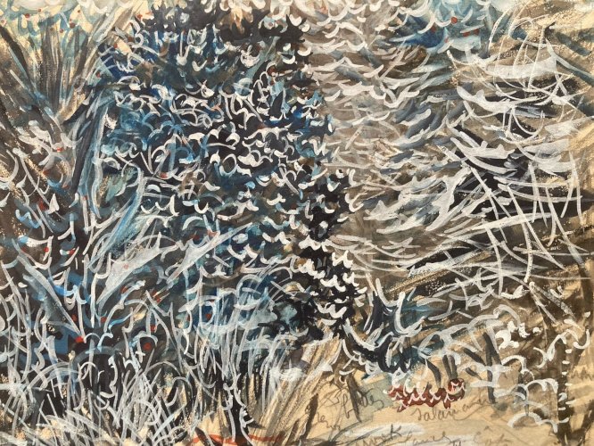 Peinture 1950 Aquarelle gouache Papier Paysage Jardin Plante A Identifier