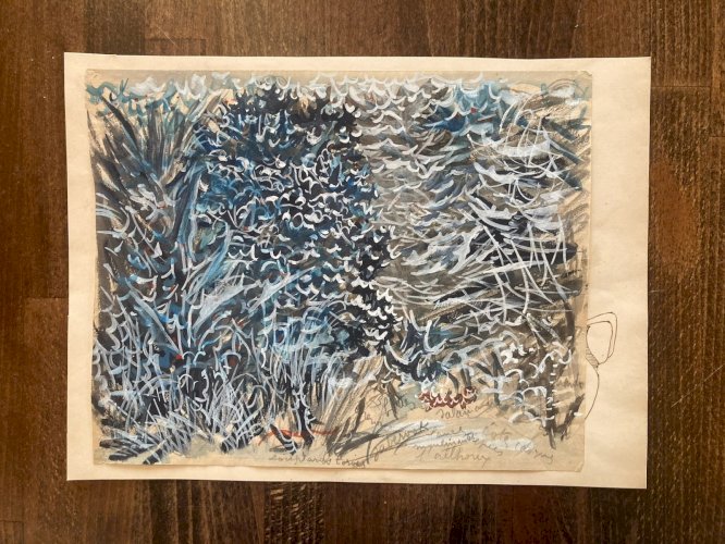Peinture 1950 Aquarelle gouache Papier Paysage Jardin Plante A Identifier