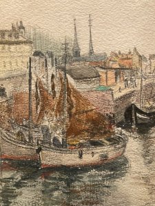 Peinture 1950 Aquarelle Papier Paysage Breton Bretagne Océan Bateau Port