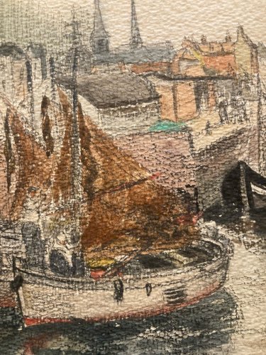 Peinture 1950 Aquarelle Papier Paysage Breton Bretagne Océan Bateau Port