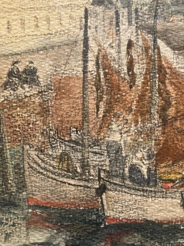 Peinture 1950 Aquarelle Papier Paysage Breton Bretagne Océan Bateau Port