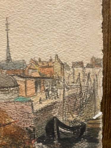 Peinture 1950 Aquarelle Papier Paysage Breton Bretagne Océan Bateau Port