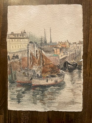 Peinture 1950 Aquarelle Papier Paysage Breton Bretagne Océan Bateau Port