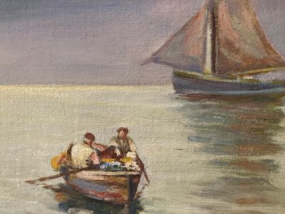 Peinture 1950 Barque Pêche Huile Sur Toile Impressionnisme Fauve Ancien