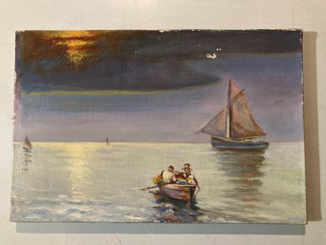 Peinture 1950 Barque Pêche Huile Sur Toile Impressionnisme Fauve Ancien