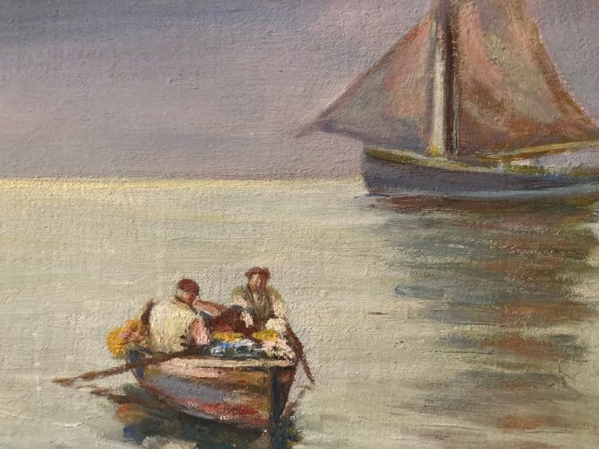 Peinture 1950 Barque Pêche Huile Sur Toile Impressionnisme Fauve Ancien