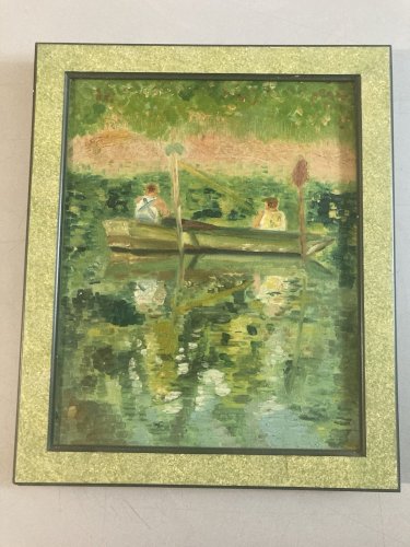 Peinture 1950 Barque Pêche Huile Sur Toile Impressionnisme Impressionniste
