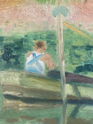 Peinture 1950 Barque Pêche Huile Sur Toile Impressionnisme Impressionniste