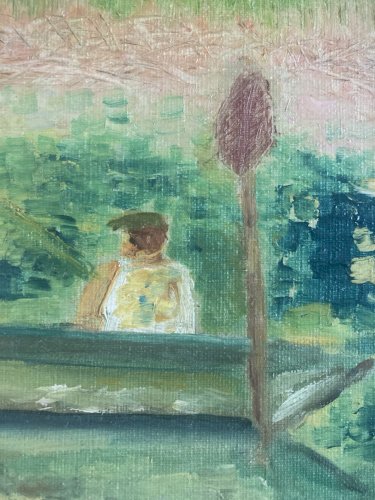 Peinture 1950 Barque Pêche Huile Sur Toile Impressionnisme Impressionniste