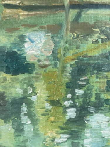 Peinture 1950 Barque Pêche Huile Sur Toile Impressionnisme Impressionniste