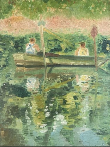 Peinture 1950 Barque Pêche Huile Sur Toile Impressionnisme Impressionniste