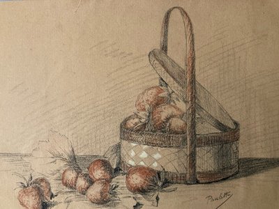 Painting 1950 Pencil Paper Still Life Fruit Art Basket Fruits Strawberry