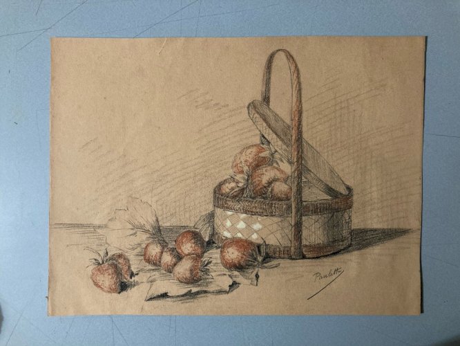 Peinture 1950 Crayon Papier Nature Morte Fruit Art Panier Fruits Fraise