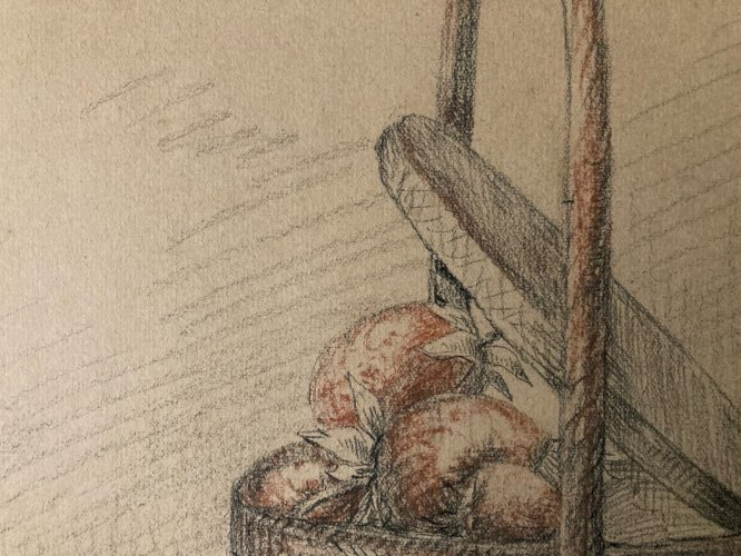 Peinture 1950 Crayon Papier Nature Morte Fruit Art Panier Fruits Fraise