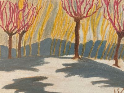 Peinture 1950 gouache Papier Paysage Automne Arbre A Identifier Forêt Art
