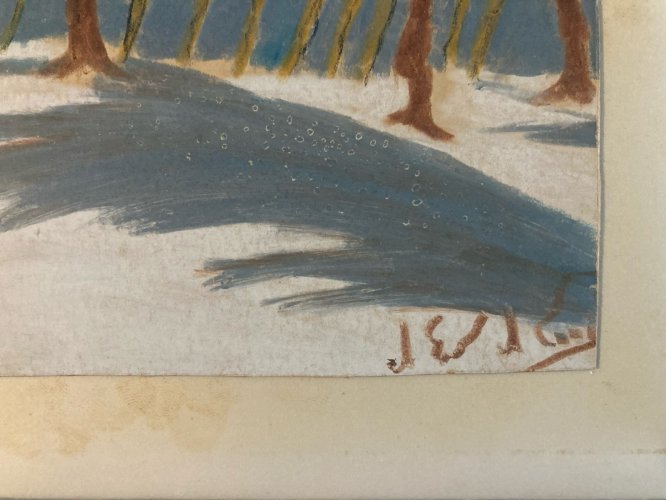 Peinture 1950 gouache Papier Paysage Automne Arbre A Identifier Forêt Art