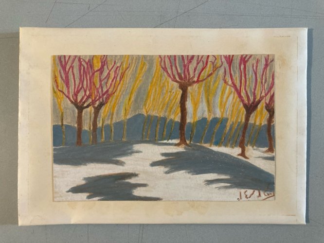 Peinture 1950 gouache Papier Paysage Automne Arbre A Identifier Forêt Art