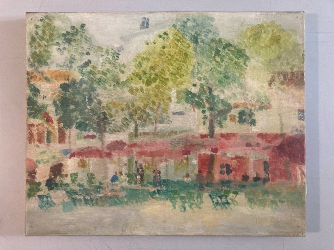 Peinture 1950 Maison Jardin Huile Toile Impressionnisme Impressionniste