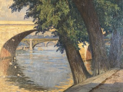 Peinture 1950 Ville Pont Huile Toile Paris Quai De Seine École Française
