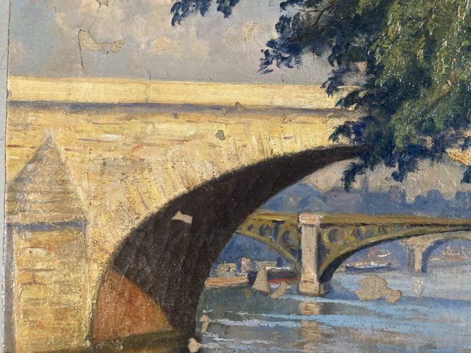 Peinture 1950 Ville Pont Huile Toile Paris Quai De Seine École Française