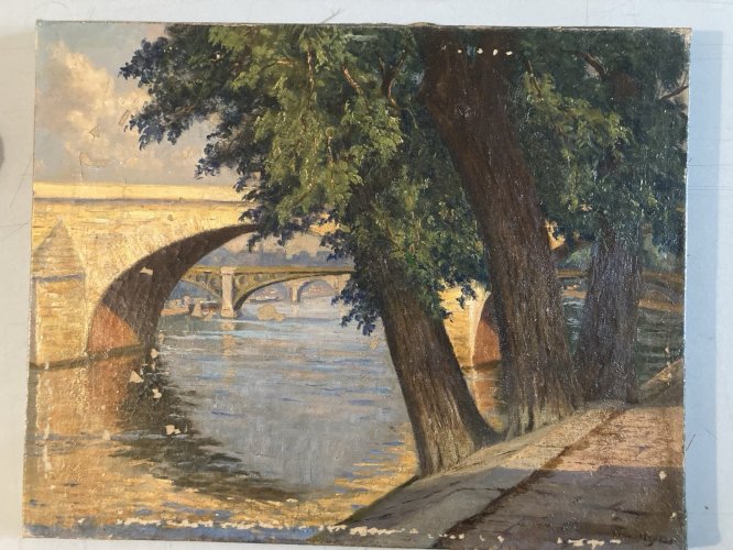 Peinture 1950 Ville Pont Huile Toile Paris Quai De Seine École Française