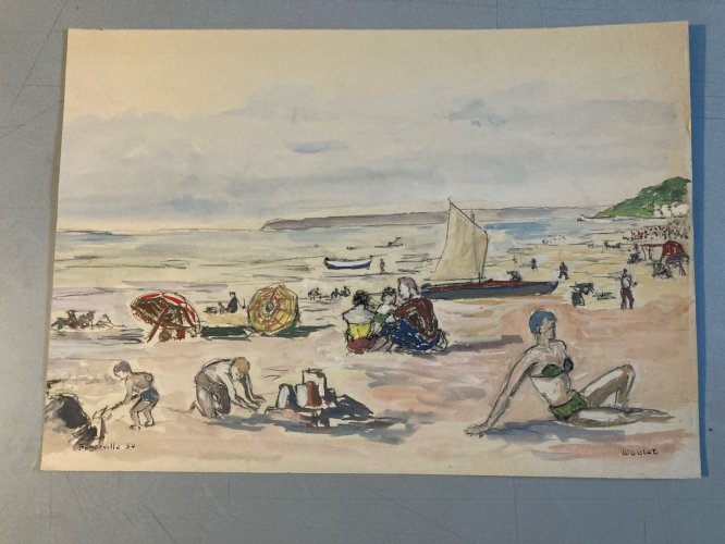 peinture 1954 Gouache Papier Benerville Mer Plage À Identifier Wagrez
