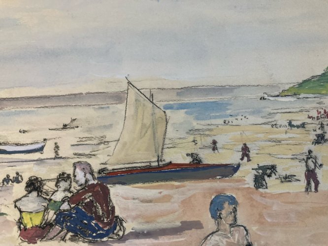 peinture 1954 Gouache Papier Benerville Mer Plage À Identifier Wagrez