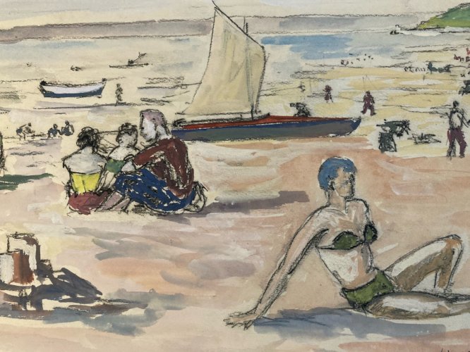 peinture 1954 Gouache Papier Benerville Mer Plage À Identifier Wagrez