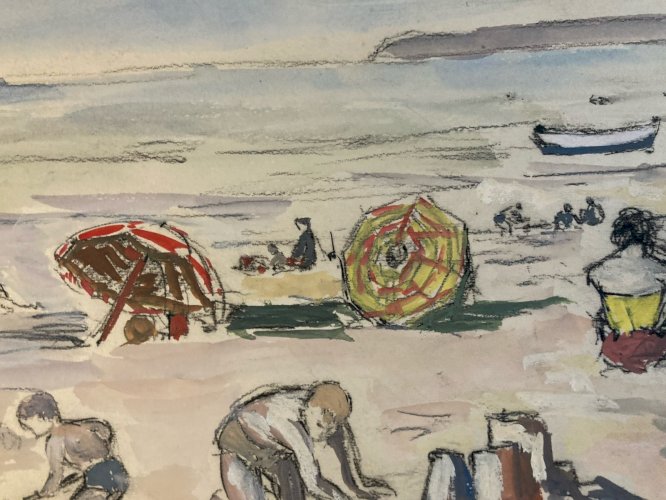 peinture 1954 Gouache Papier Benerville Mer Plage À Identifier Wagrez
