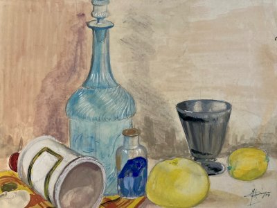 Painting 1954 Gouache Paper Post Cubism Still Life Lemon Bottle