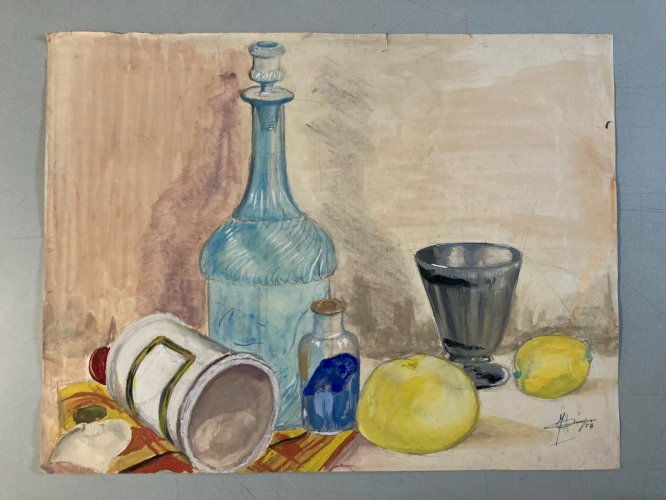 Peinture 1954 Gouache Papier Post Cubisme Nature Morte Citron Bouteille