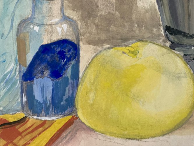 Peinture 1954 Gouache Papier Post Cubisme Nature Morte Citron Bouteille