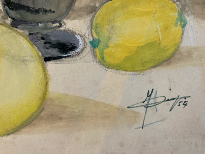 Peinture 1954 Gouache Papier Post Cubisme Nature Morte Citron Bouteille