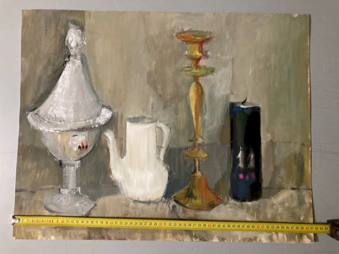 Peinture 1960 Gouache Papier Cubiste Post Cubisme Nature Morte Chandelier