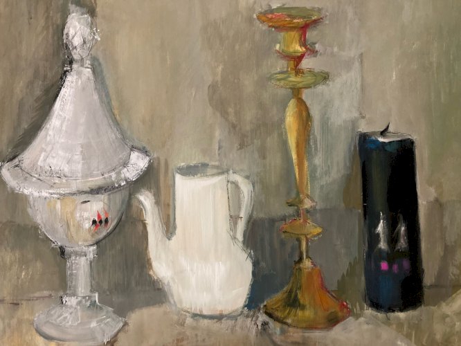 Peinture 1960 Gouache Papier Cubiste Post Cubisme Nature Morte Chandelier