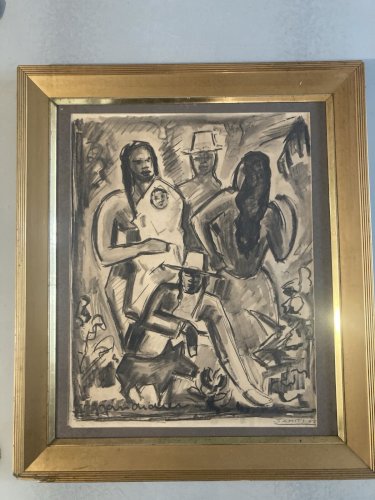 Peinture 1960 Gouache Papier Cubiste Post Cubisme Tahiti Île Chien Ancien